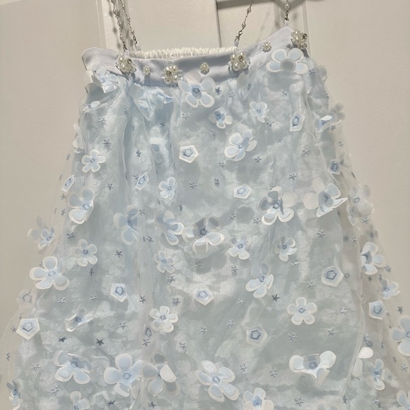 Light Blue Floral Layered Dress with Delicate Spaghetti Straps - Picture 9 of 11